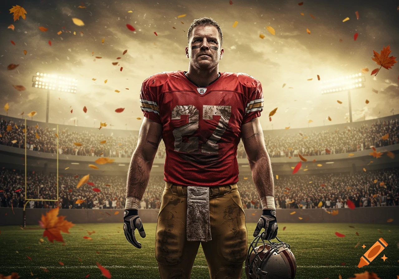 A muscular football player in a red jersey with number 27 and brown pants stands on a field in a stadium with fall leaves in the air.