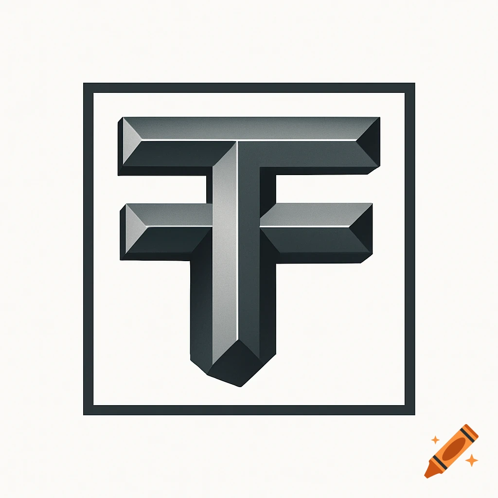 A 3D metallic logo combining the letters 'T' and 'F' within a dark square frame on a white background.