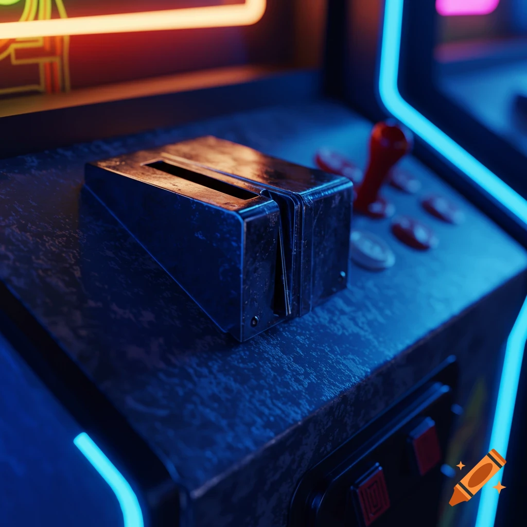 Close-up of a coin collector on a dark, textured arcade machine, illuminated by bright blue and orange neon lights.