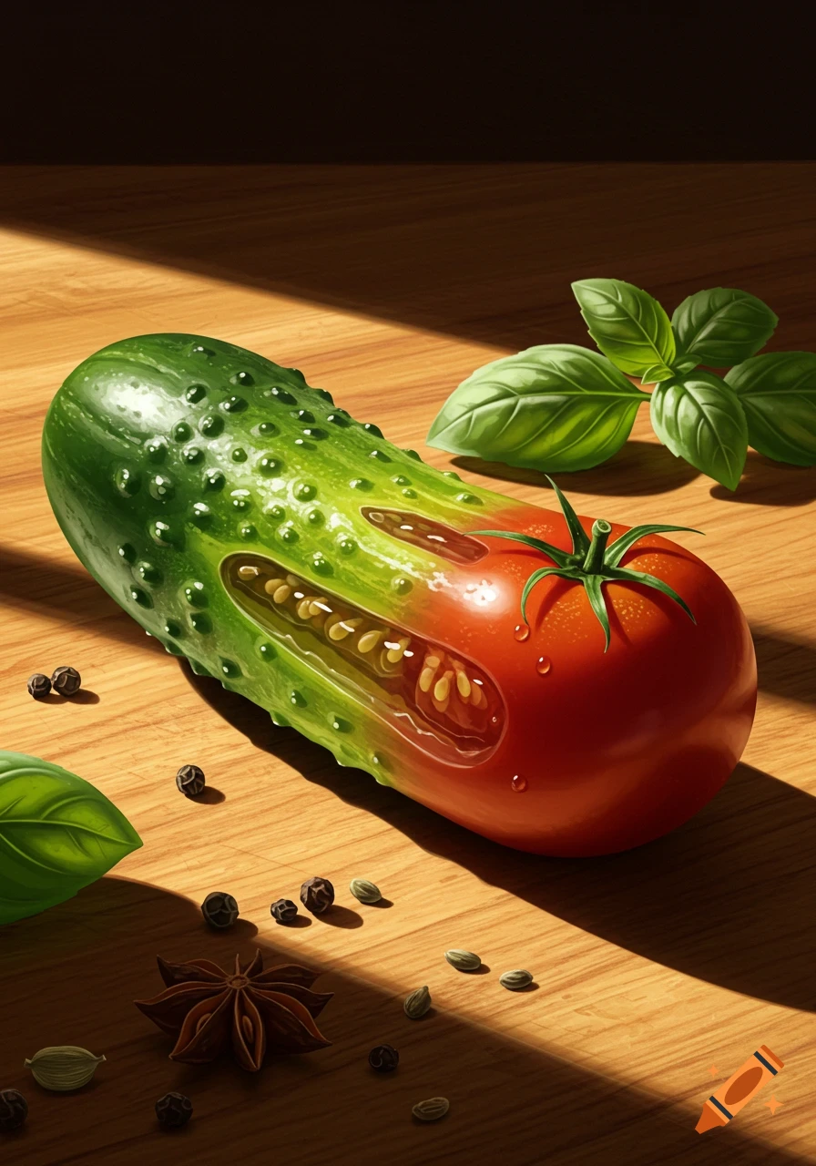 A hybrid cucumber and tomato fruit with seeds visible, on a wooden table with basil leaves and spices.
