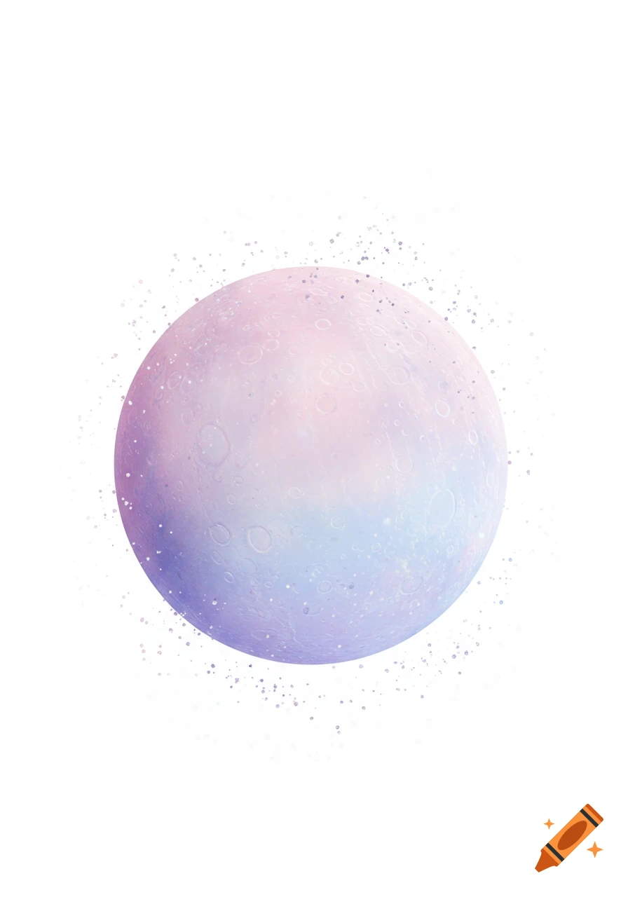 A pastel pink and blue planet or moon with craters and sparkling dust on a white background.