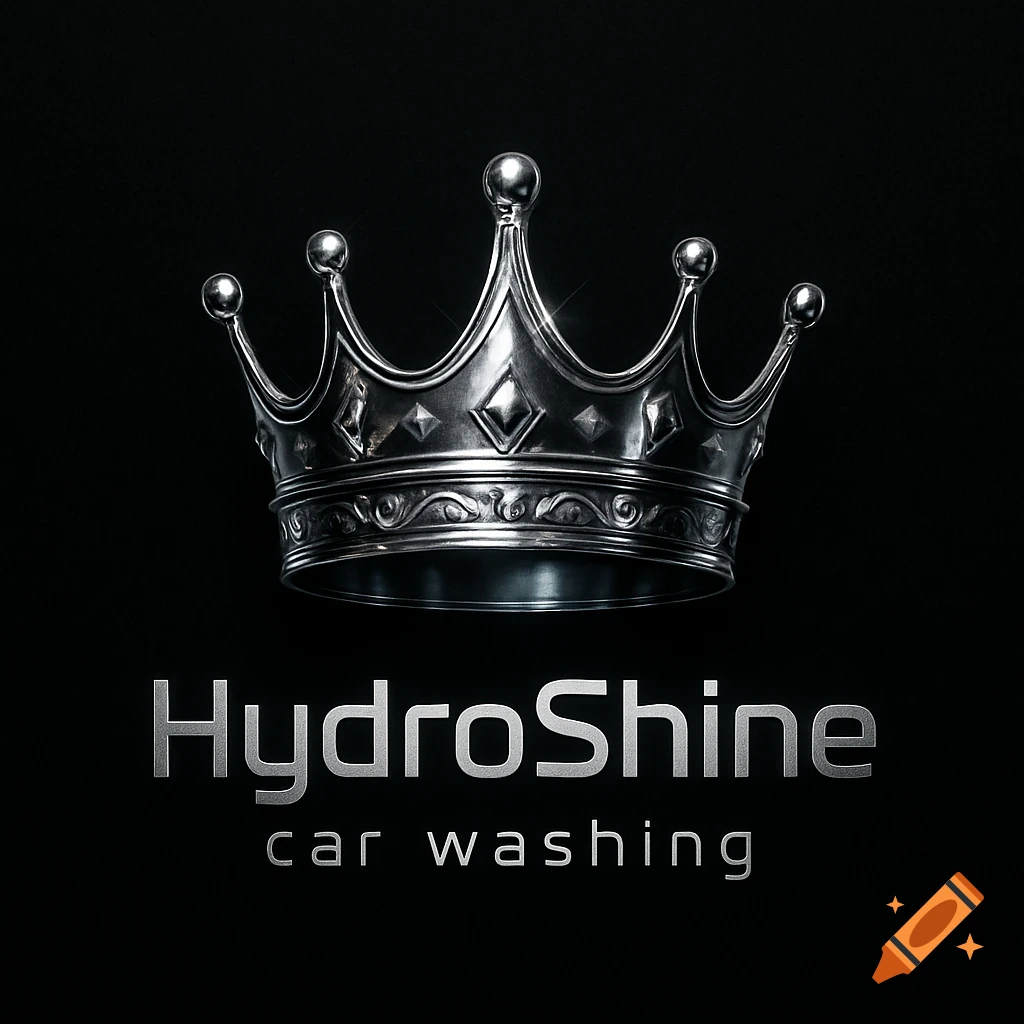 A shiny silver crown above the text 'HydroShine car washing' on a black background, designed as a logo.