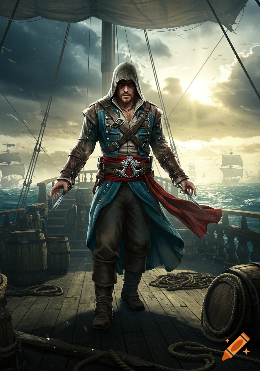 A man in a hooded pirate-assassin outfit stands on a ship deck, holding knives, with other ships and a dramatic sky in the background.