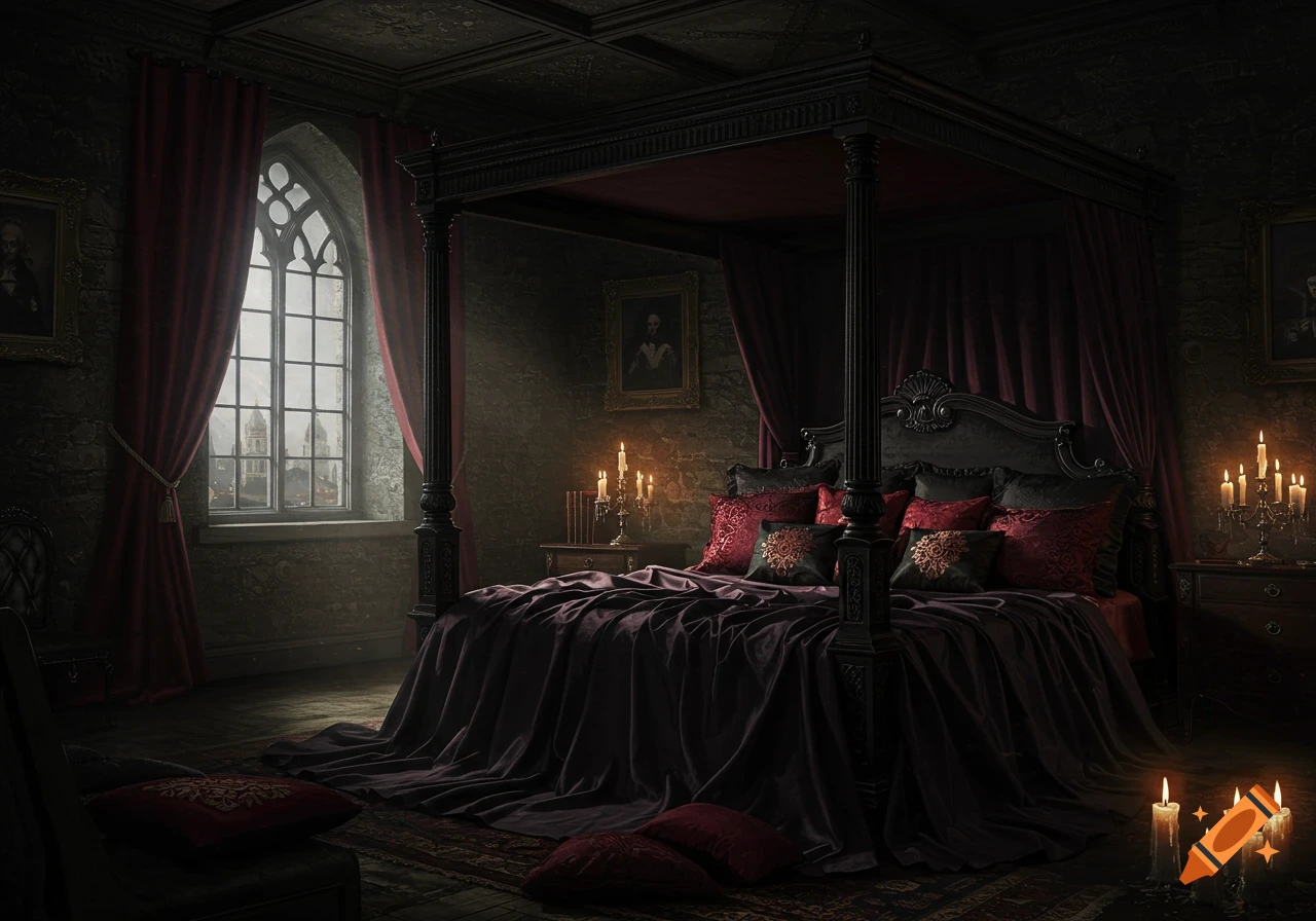 A dark and moody gothic bedroom with a four-poster bed, red drapes, and candles, viewed through a large arched window.