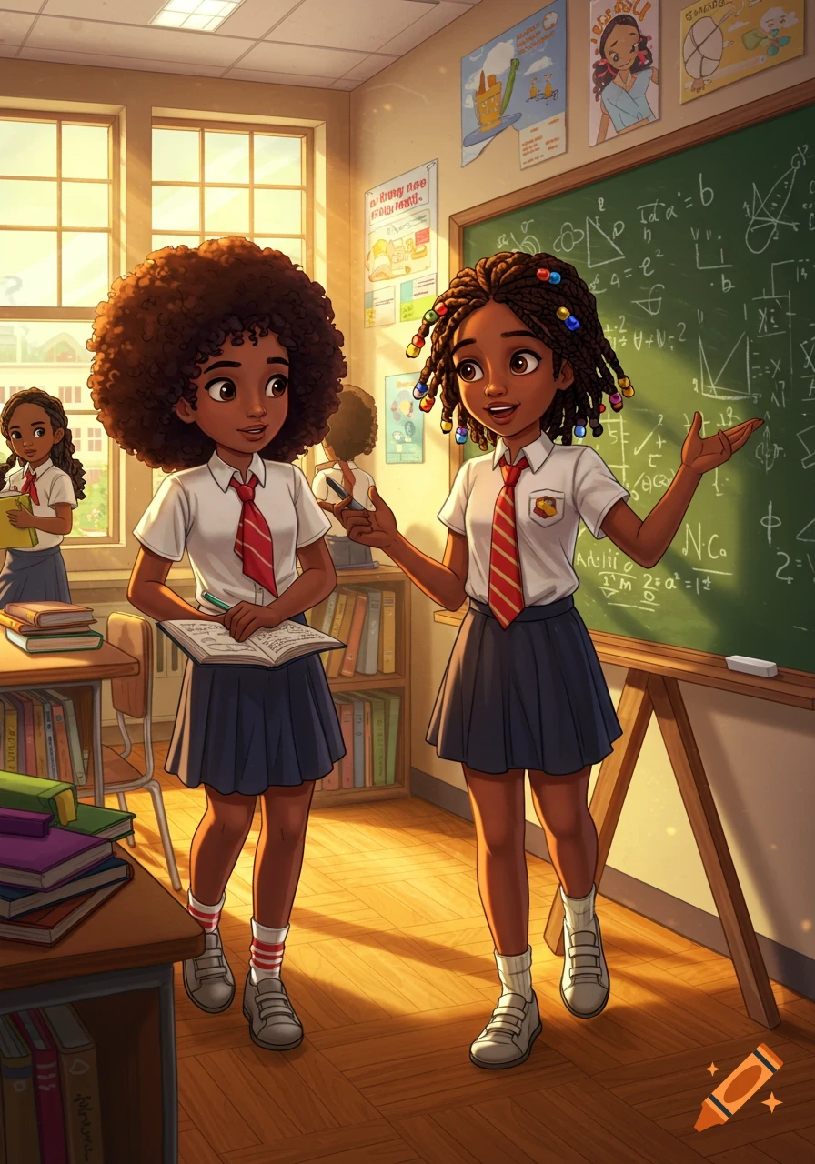 Two animated Black schoolgirls in uniforms stand in a sunny classroom, one writing in a notebook and the other gesturing by a blackboard.