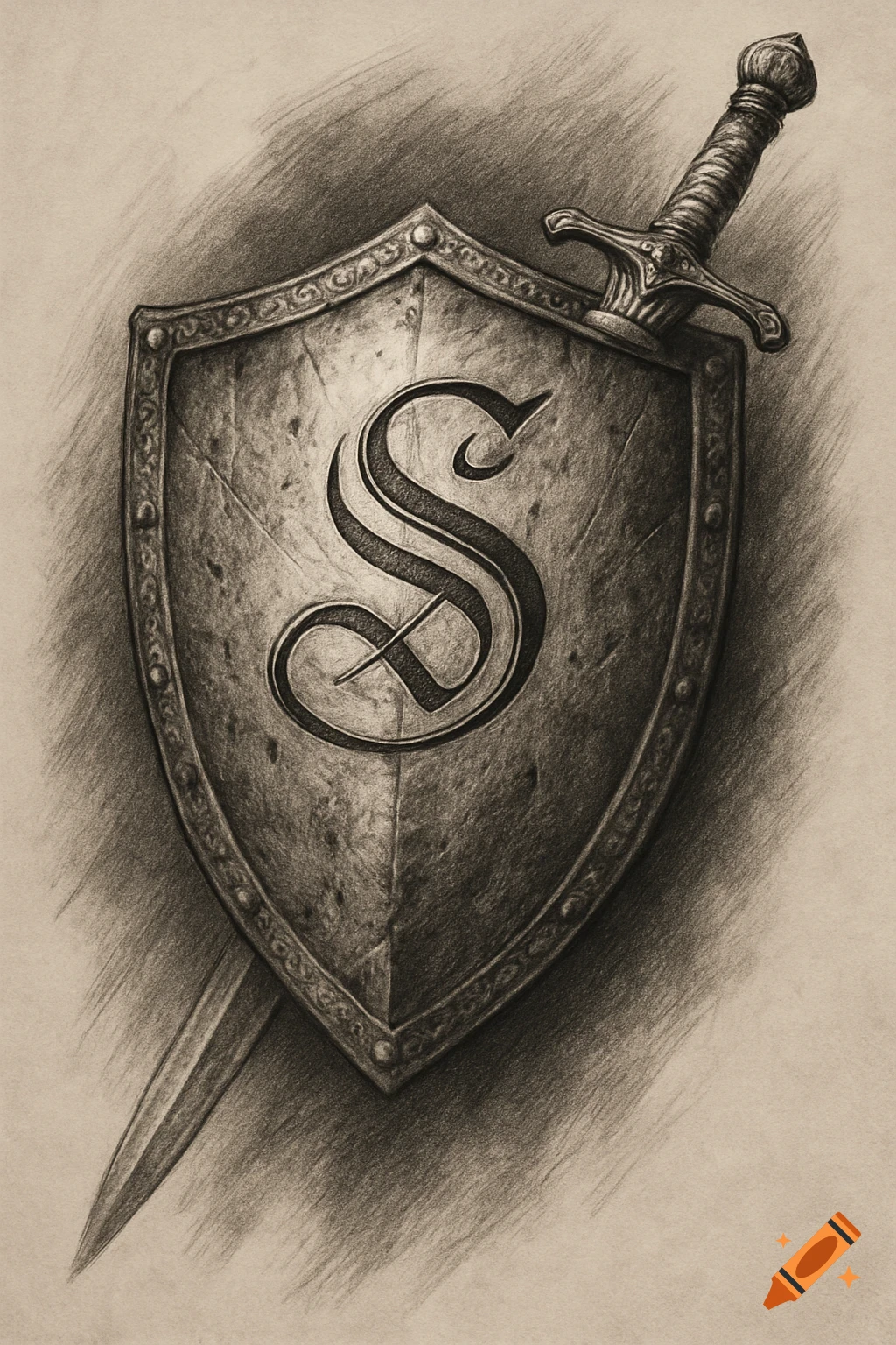 A detailed pencil sketch of a weathered knight's shield with a decorative letter S, crossed by a sword.