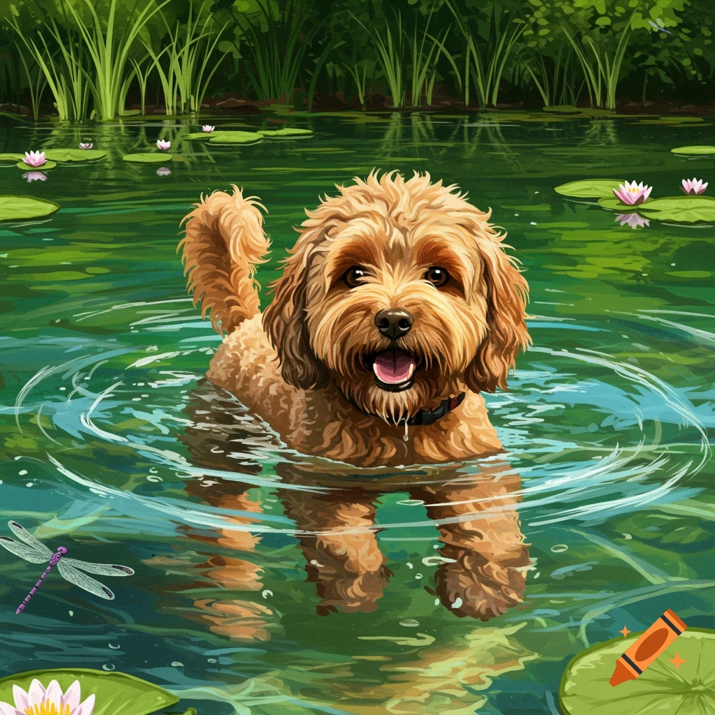 A cheerful brown cockapoo swims in green pond water with lily pads and tall grasses.