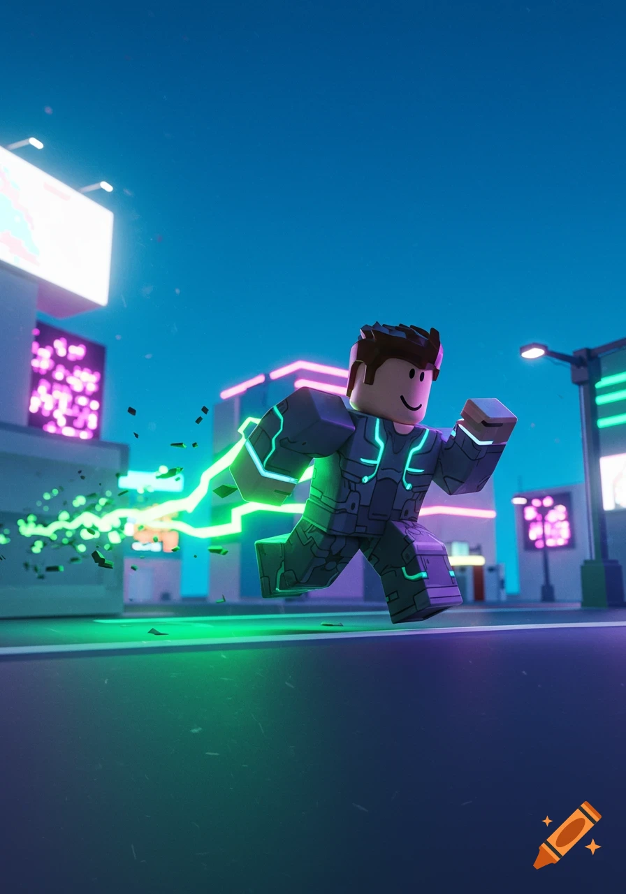 A Roblox character in a futuristic suit runs at high speed down a city street at night, leaving a trail of green energy.