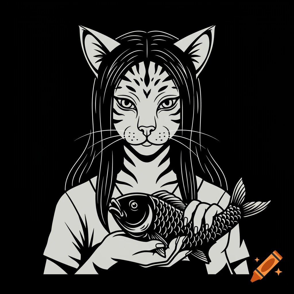 Black and white vector art of a cat-human creature with long hair holding a fish.