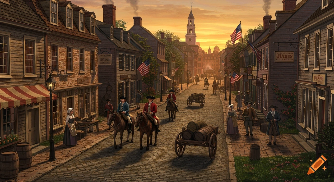 A busy street in colonial Philadelphia at sunset, with people in 18th-century attire walking and riding horses on a cobblestone road, flanked by historical buildings and an American flag.