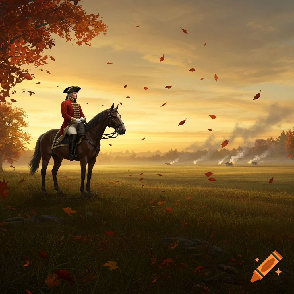A man in a red military uniform on a brown horse in a grassy field with autumn leaves falling at sunset, with distant cannon smoke.