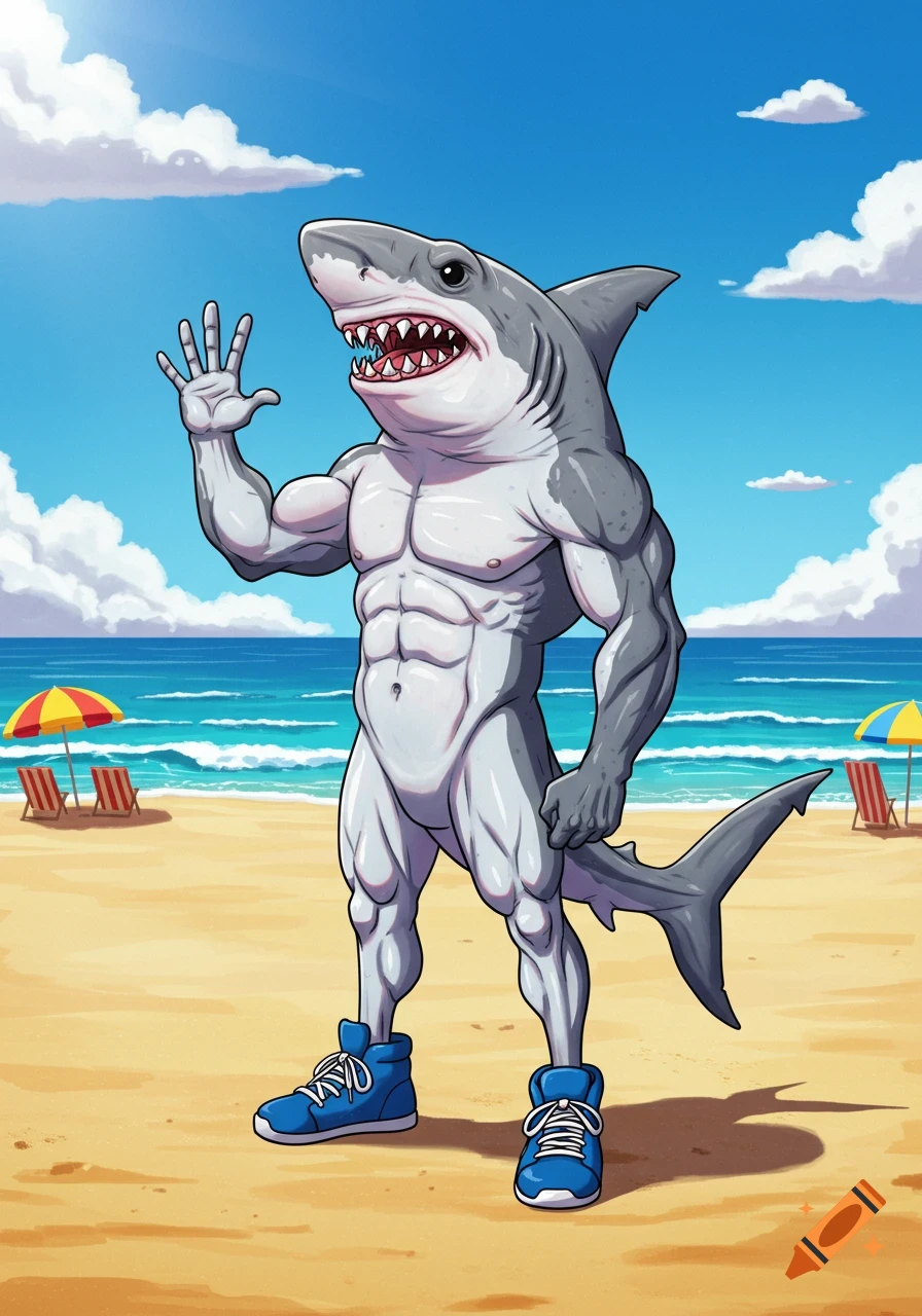 A muscular cartoon shark with human legs and blue sneakers stands on a sandy beach, waving, with the ocean and beach umbrellas in the background.
