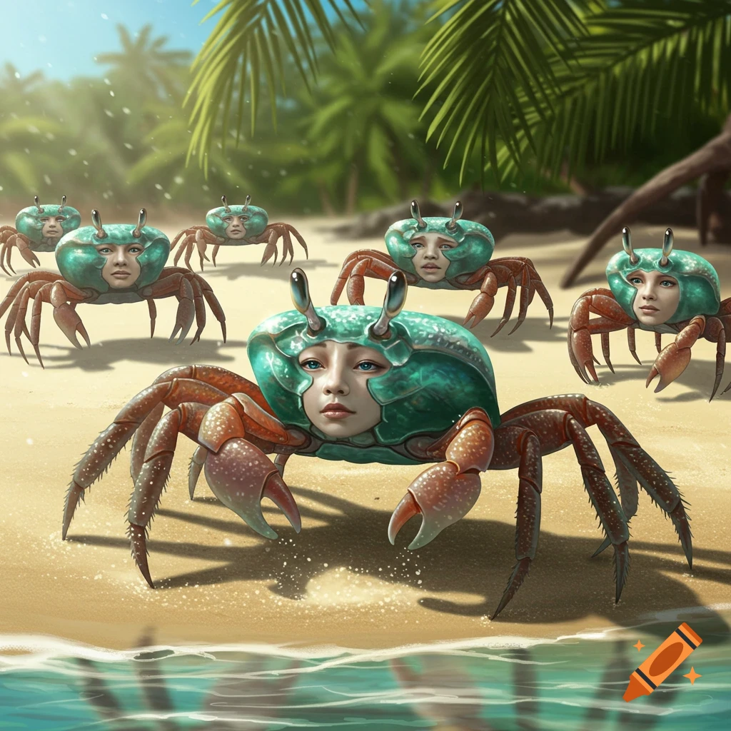 Several crabs with human faces instead of shells scuttle across a sandy tropical beach, with palm trees and ocean in the background.