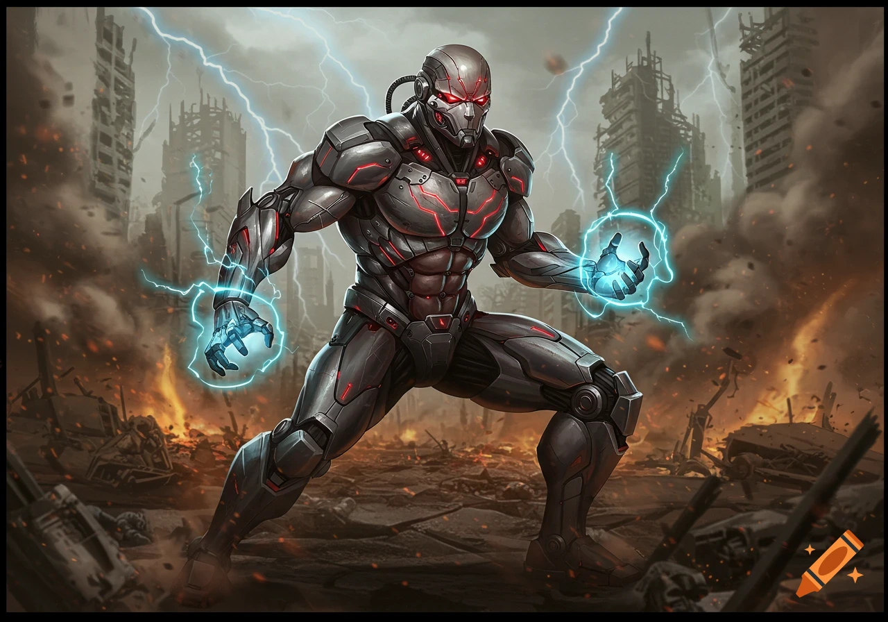 A powerful grey robot with red glowing eyes and blue electricity from its hands stands in a ruined city under lightning.