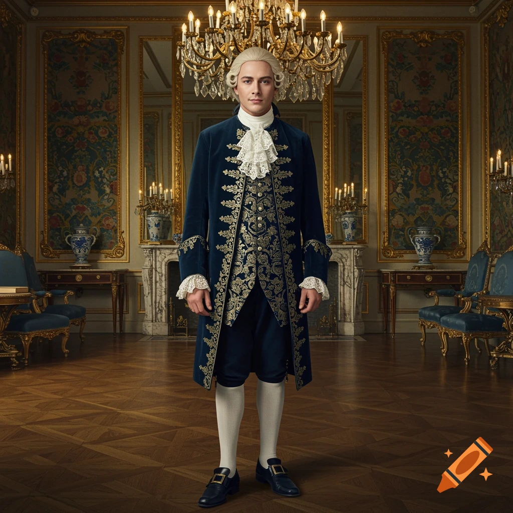 A photorealistic image of a man in a blue 18th-century coat and white wig standing in a lavish, ornate room.