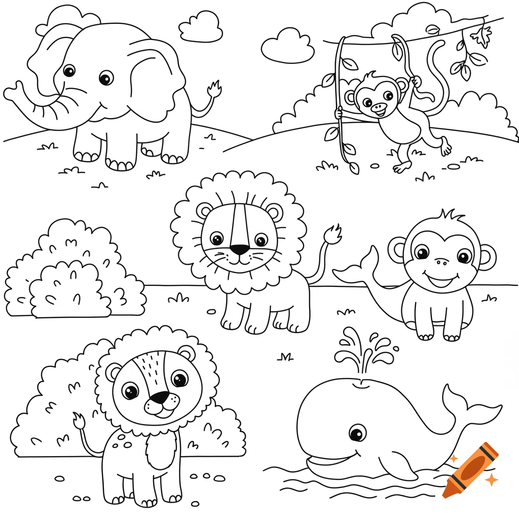 A black and white line drawing for a coloring book featuring cartoon animals including an elephant, two lions, two monkeys, and a whale.