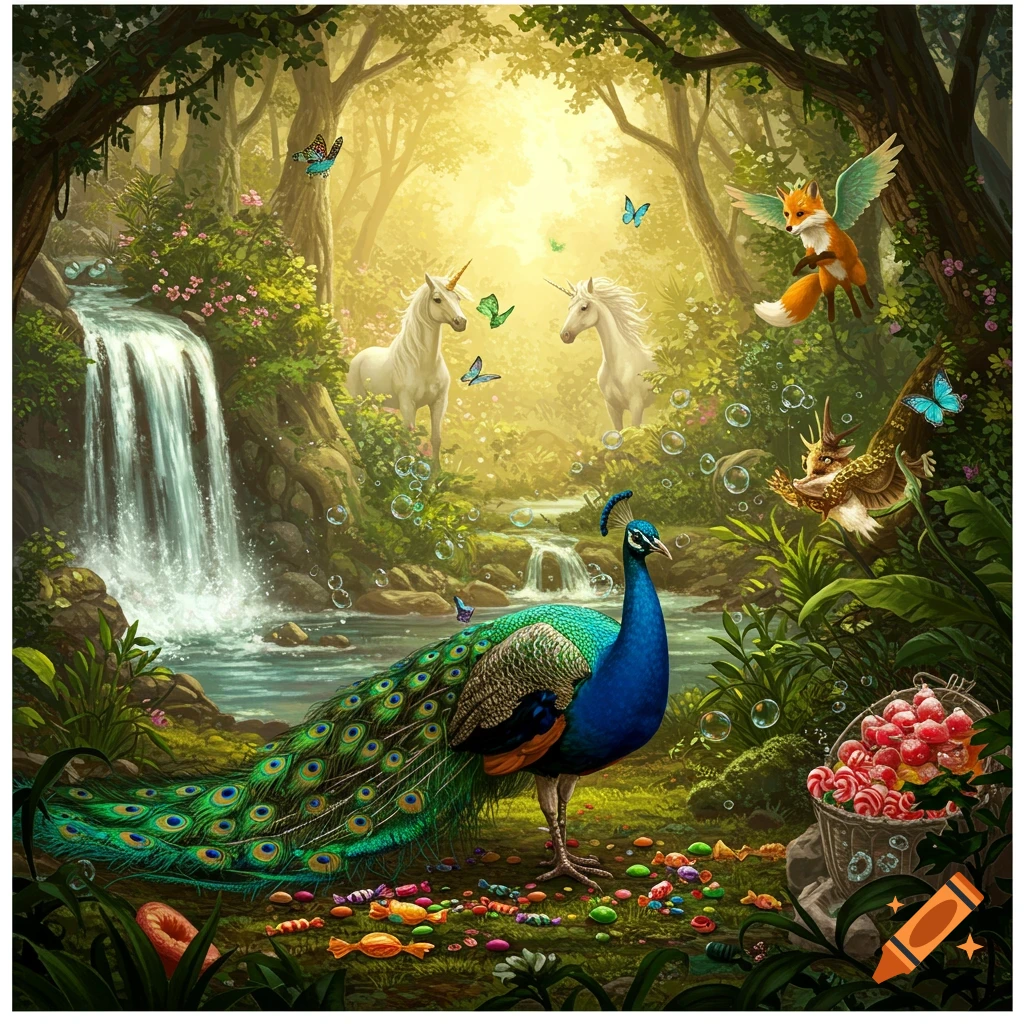 A vibrant illustration of a peacock surrounded by candy in a lush fantasy forest with unicorns, a winged fox, and a waterfall.