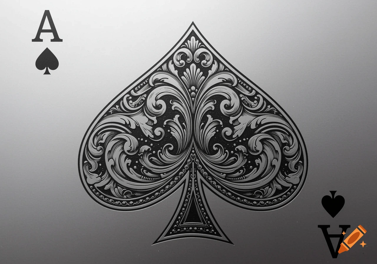 A detailed, engraved Ace of Spades playing card in silver and black on a grey background.