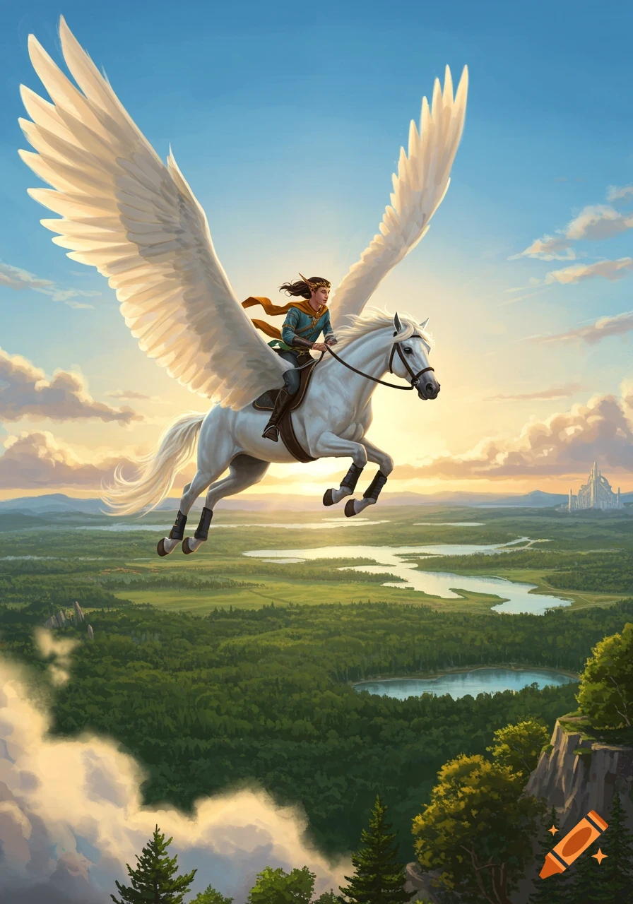 An elf-like person rides a white pegasus high above a lush green landscape with rivers and a distant castle at sunrise.