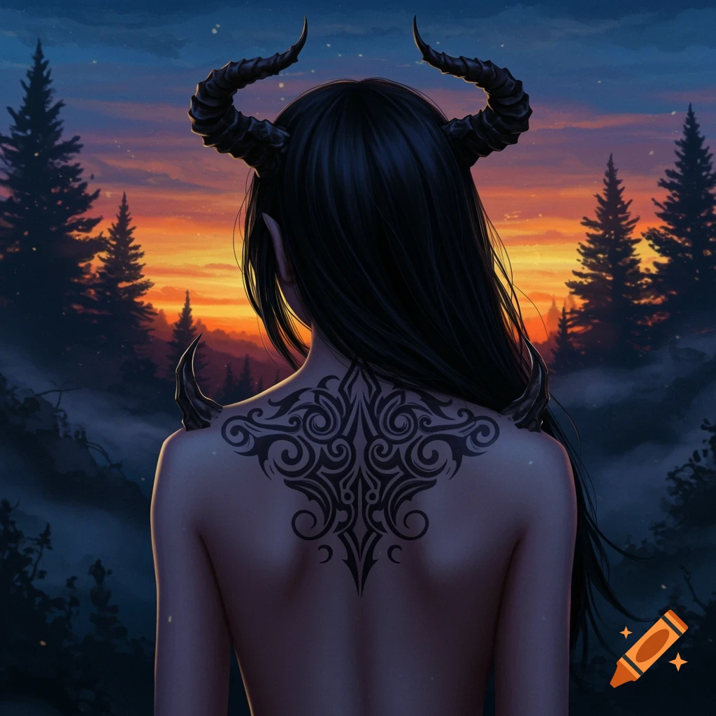 Digital illustration of a person with long dark hair, horns, and an intricate back tattoo, viewing a sunset over a misty forest.