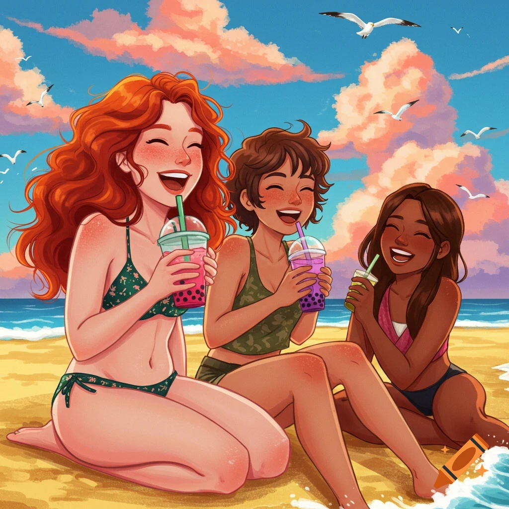 Colorful illustration of three smiling girls in swimsuits sitting on a sunny beach, drinking boba tea.