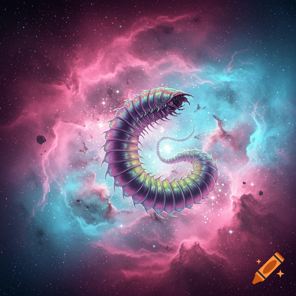 A massive alien worm wiggling in a vibrant pink and blue nebula filled with stars.