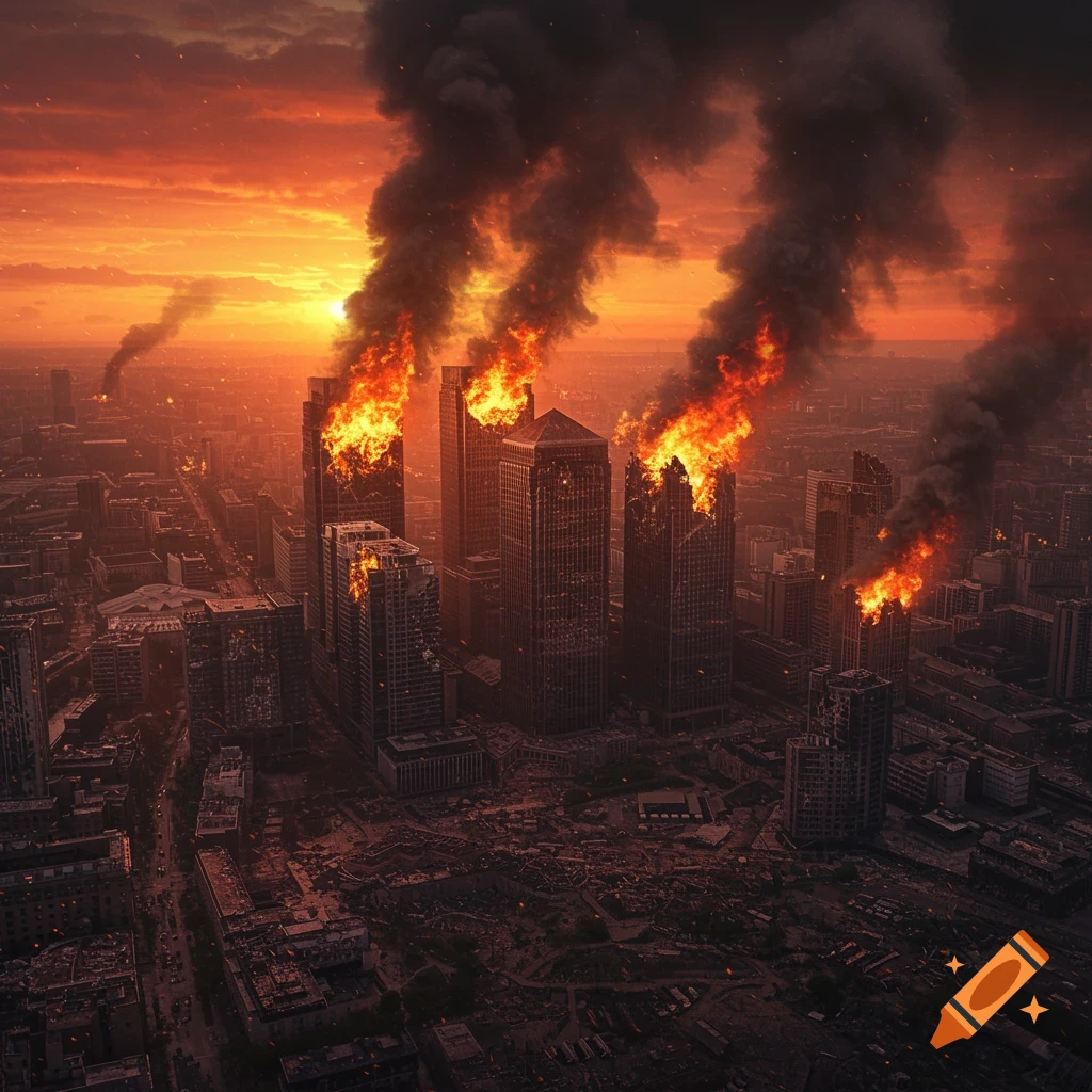 A hyper-realistic, high-angle view of a post-apocalyptic Canary Wharf cityscape engulfed in flames and smoke at sunset.