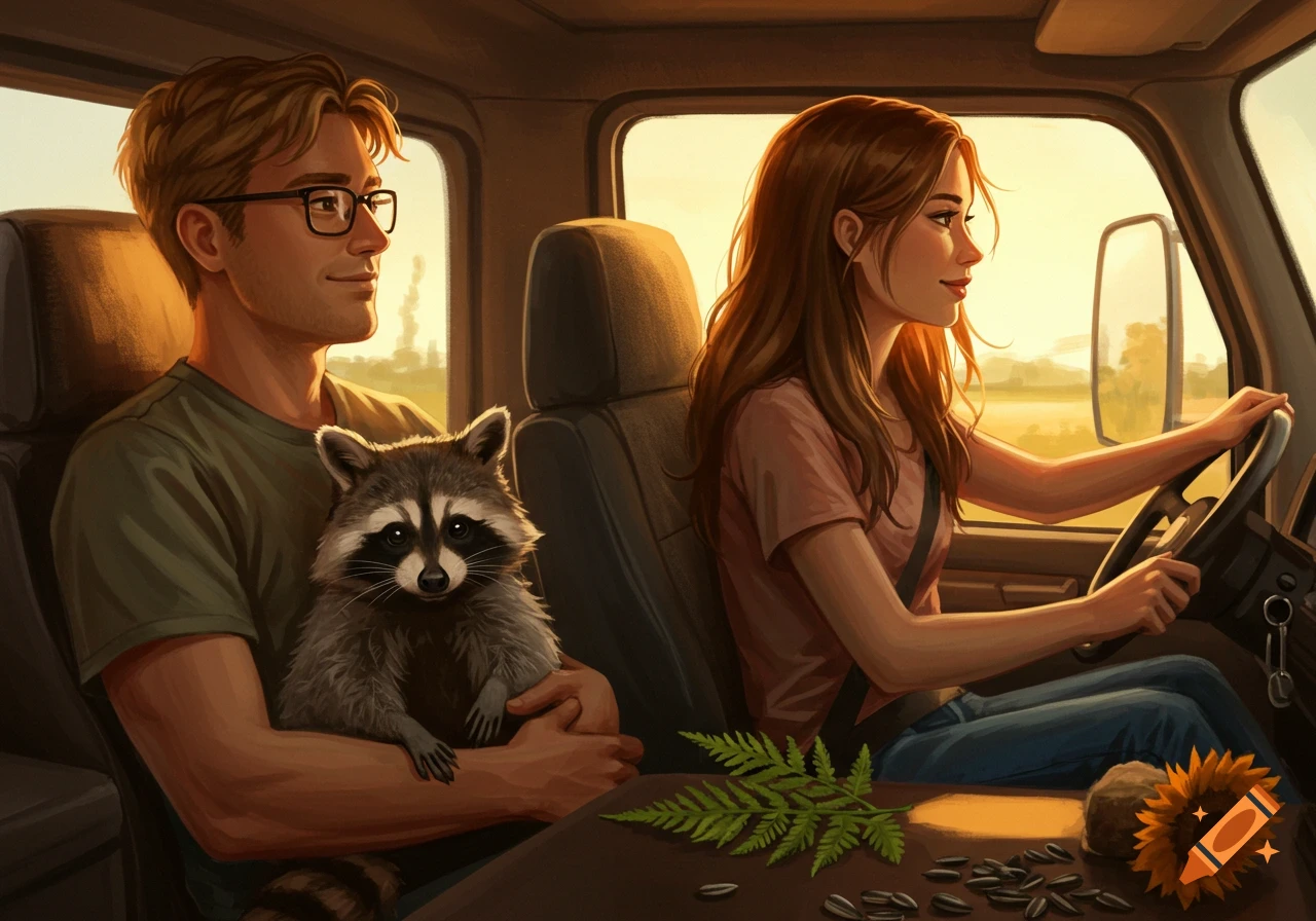 An illustrated scene of a man holding a raccoon in the passenger seat of a truck, while a woman drives at sunset.