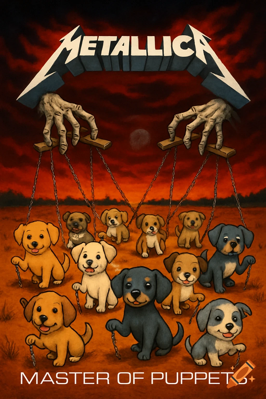 Stylized illustration parody of Metallica's 'Master of Puppets' album cover, with hands controlling chains attached to cute puppies.
