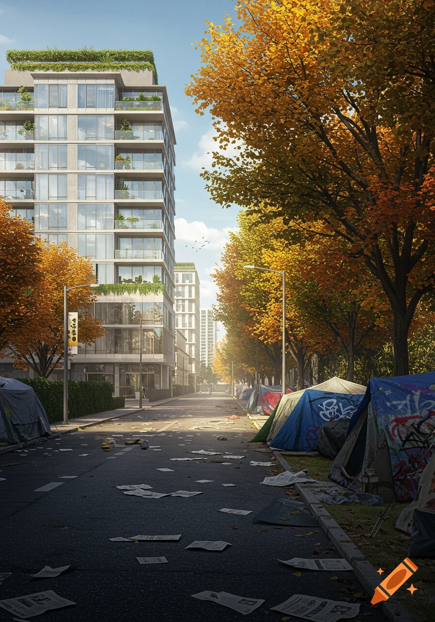 Photorealistic image of a city street showing contrast with a modern building and vibrant autumn trees on one side, and a homeless encampment with tents and scattered debris on the other.