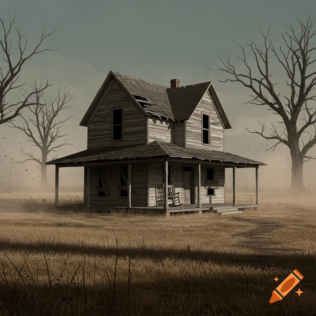 An old, weathered wooden farmhouse with a crumbling roof and porch stands in a desolate, dry field with bare trees under a muted sky.