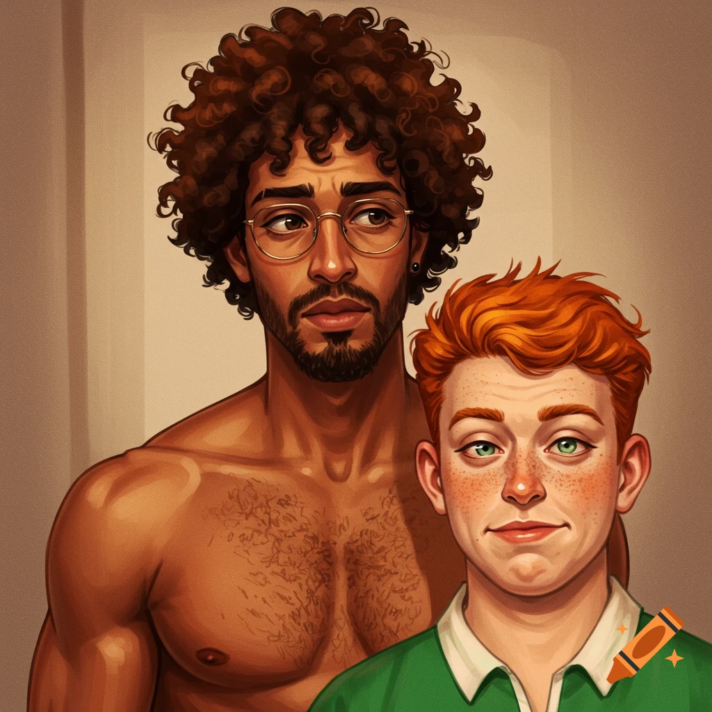 An illustrated portrait of a shirtless man with curly brown hair, glasses, and a beard standing behind a younger man with orange hair, freckles, and a green shirt.