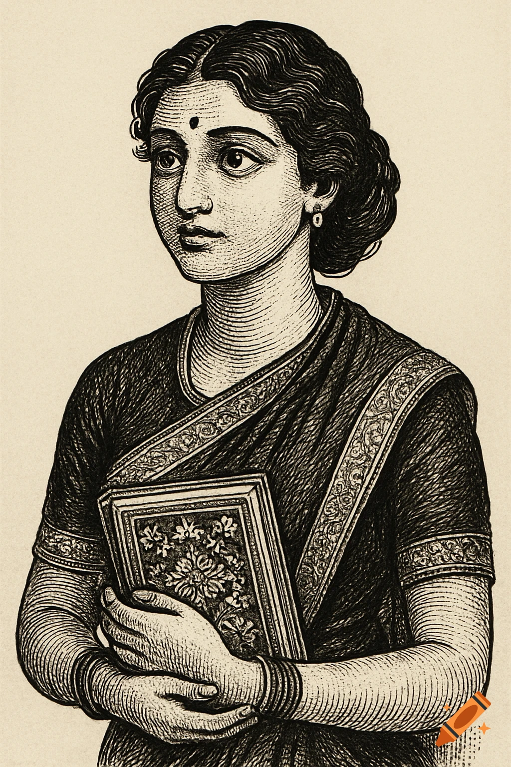 Ink drawing of an Indian woman in a sari holding a decorative book.