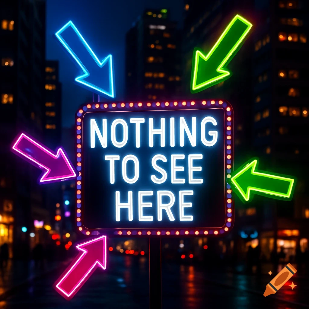 Brightly colored neon arrows point to a large neon sign reading "NOTHING TO SEE HERE" on a dark city street at night.