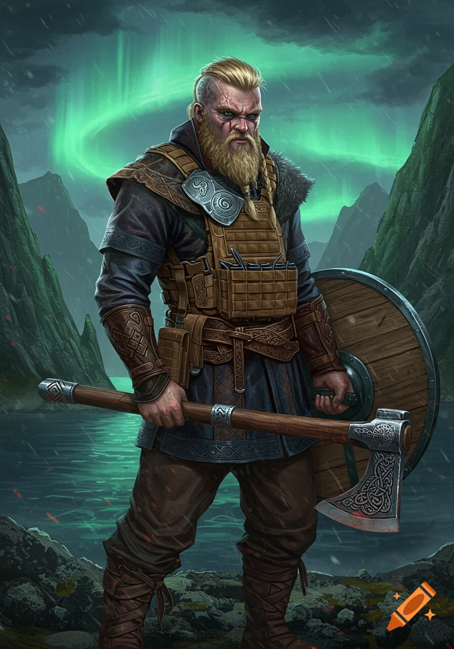 A fierce Viking warrior with a beard holds an axe and shield by a lake under an aurora borealis sky, digital painting.