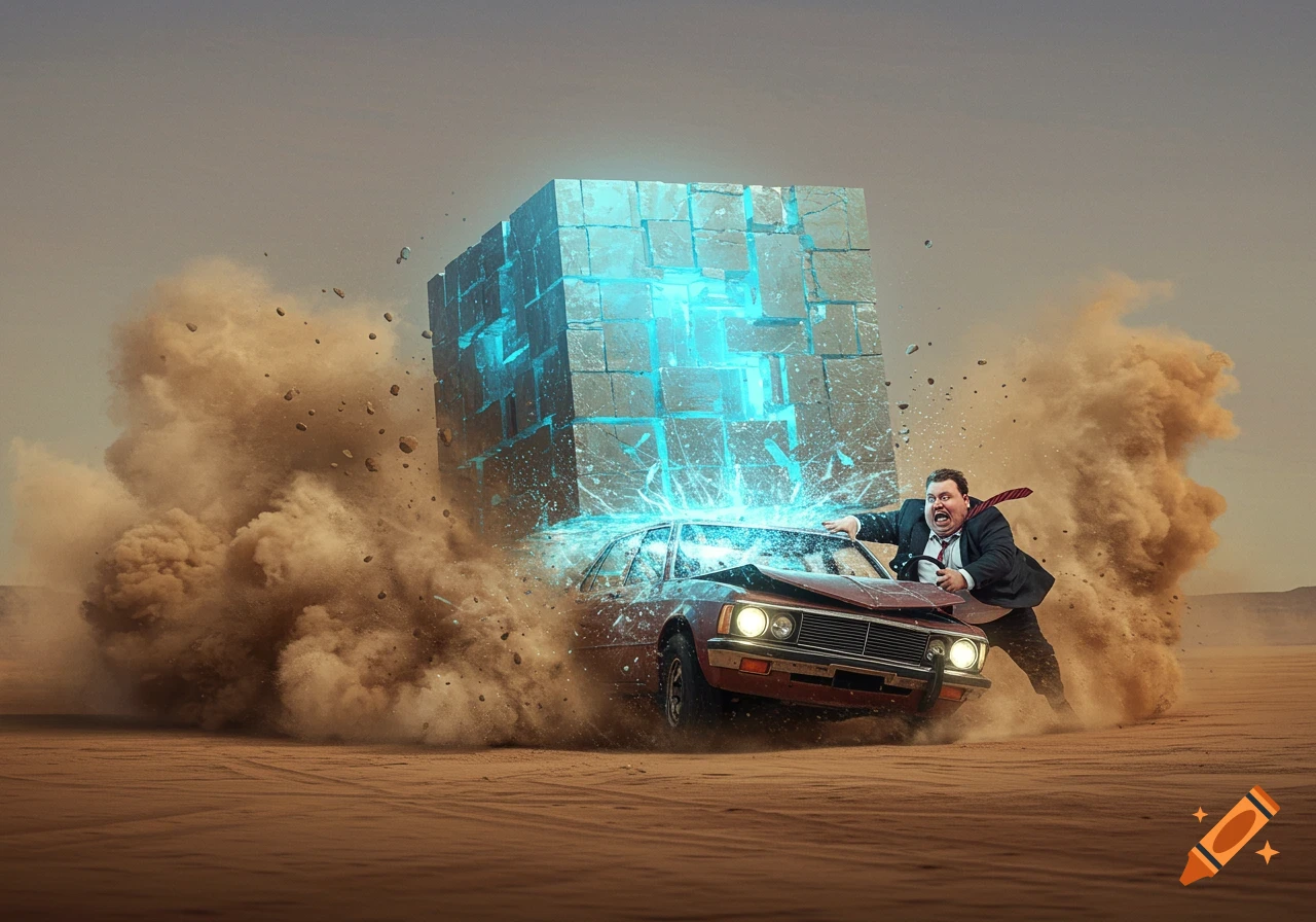 A man crashes a car into a glowing, blocky alien cube in a desert, with dust and debris flying around.