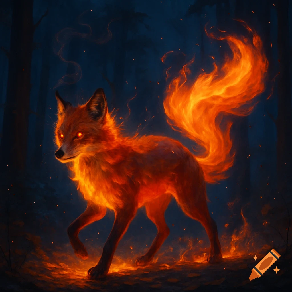 A majestic fox made of fire with glowing orange eyes walks through a dark, smoky forest at night.