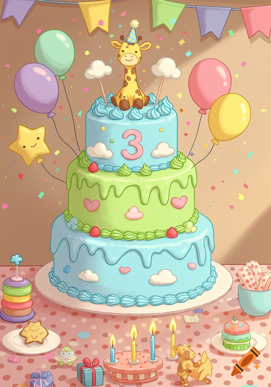 A cute cartoon illustration of a three-tiered birthday cake with a number '3', a giraffe, balloons, and confetti. The cake is blue and green with frosting and strawberries, surrounded by other party desserts.