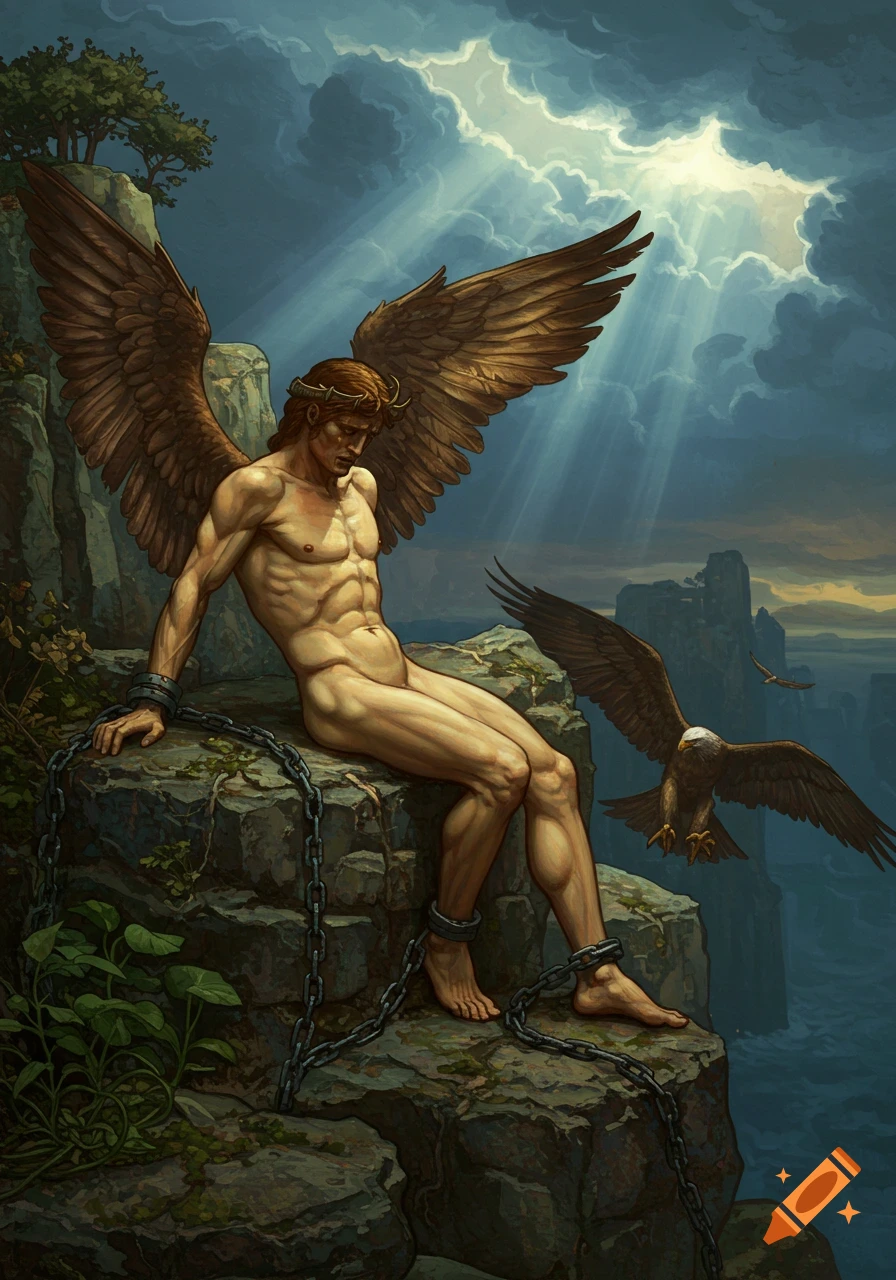 A chained winged man sits on a cliff overlooking stormy waters, an eagle nearby, with sun rays piercing dark clouds in a classical art style.