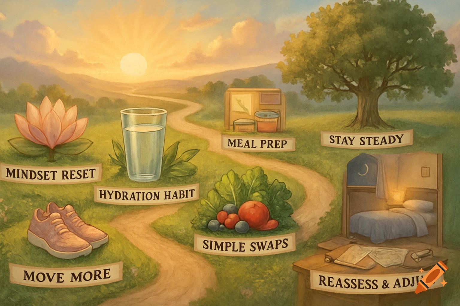 An illustrated roadmap for weight loss at sunrise, with labels for steps like mindset reset, hydration, simple swaps, move more, meal prep, stay steady, and reassess & adjust.