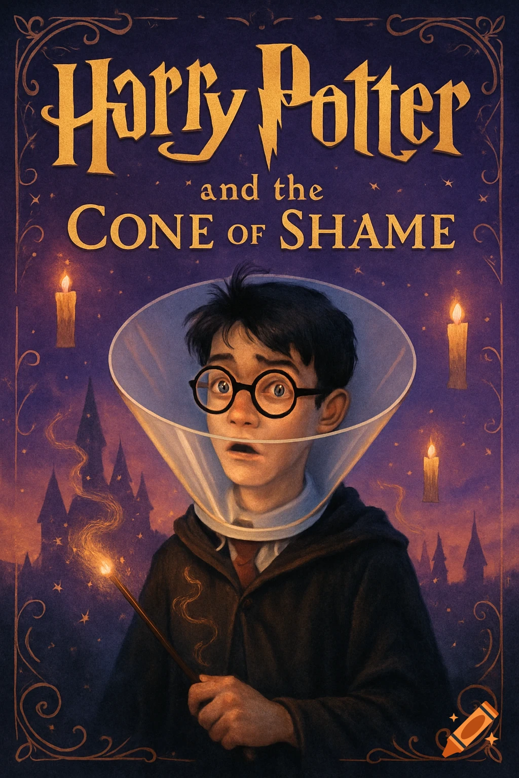 Illustration of Harry Potter wearing an Elizabethan collar, holding a wand, against a backdrop of Hogwarts castle and candles.
