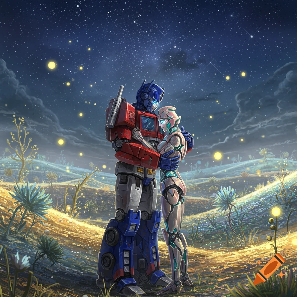 Optimus Prime and Transmutate hug under a starry night sky on an alien planet with glowing plants, in an illustrative style.