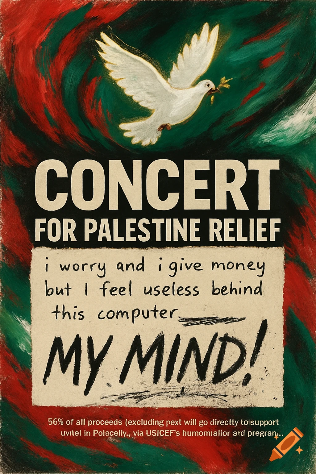 A poster featuring a white dove with an olive branch flying over red and green brushstrokes. It announces a "CONCERT FOR PALESTINE RELIEF" with handwritten text about feeling useless and "MY MIND!".