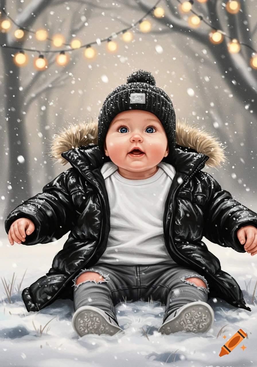 A cute baby wearing a black puffer coat and ripped jeans sits in snow under string lights.
