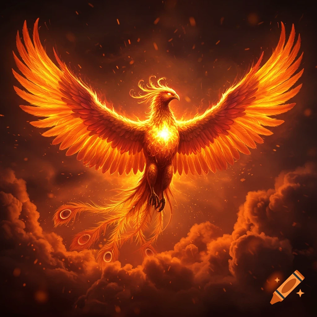 A majestic, glowing phoenix with outstretched wings flies amidst fiery orange and red clouds and embers.