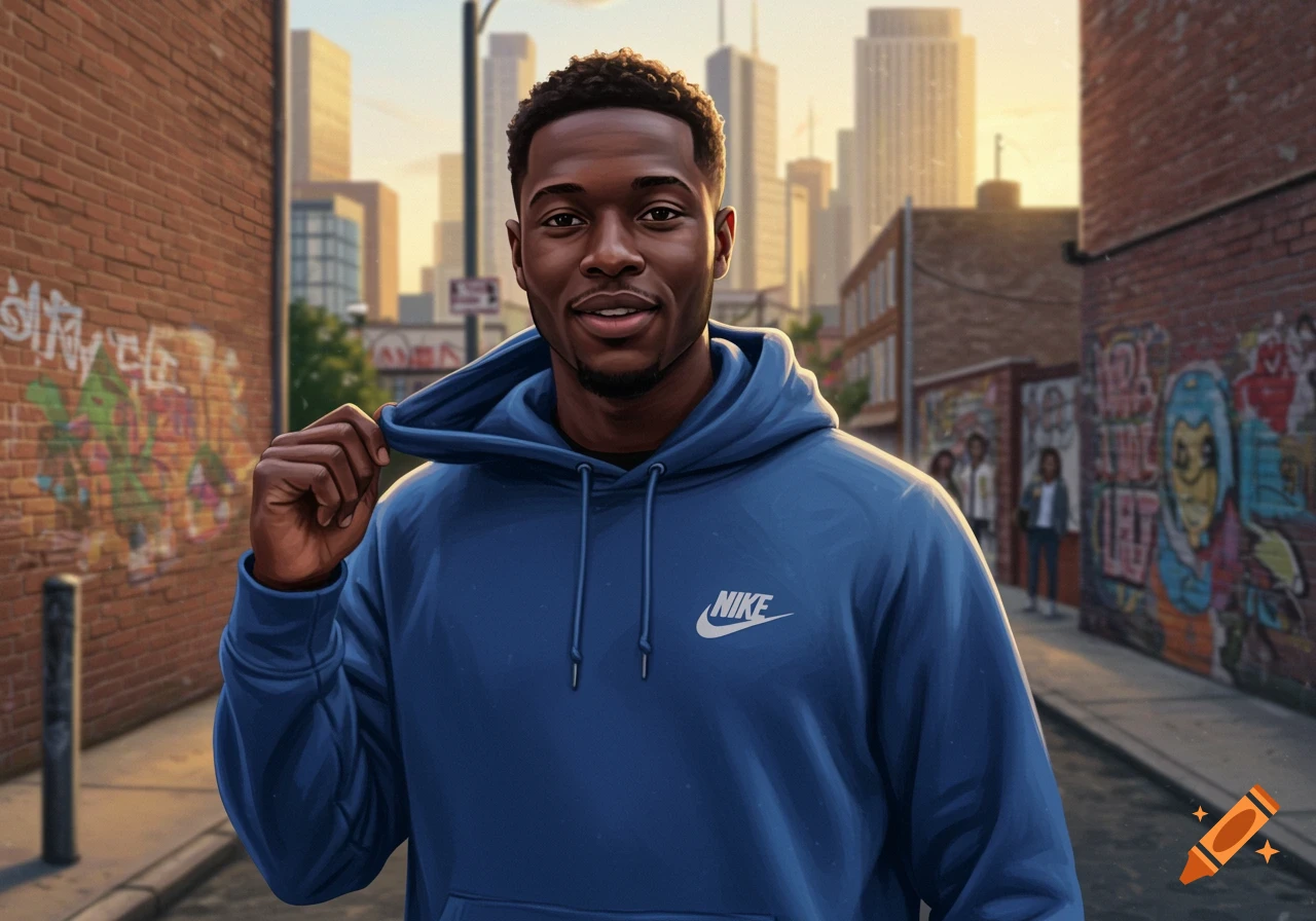 A Black man in a blue Nike hoodie stands on an urban street with brick buildings and graffiti, skyscrapers in the background.