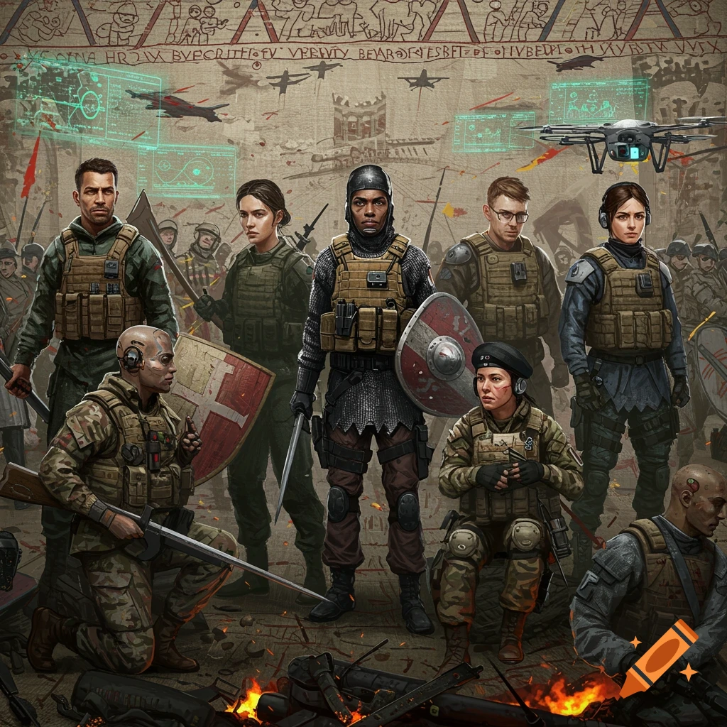 A diverse group of soldiers in tactical gear and medieval armor stand against a backdrop resembling the Bayeux Tapestry, depicting modern warfare with jets and drones.