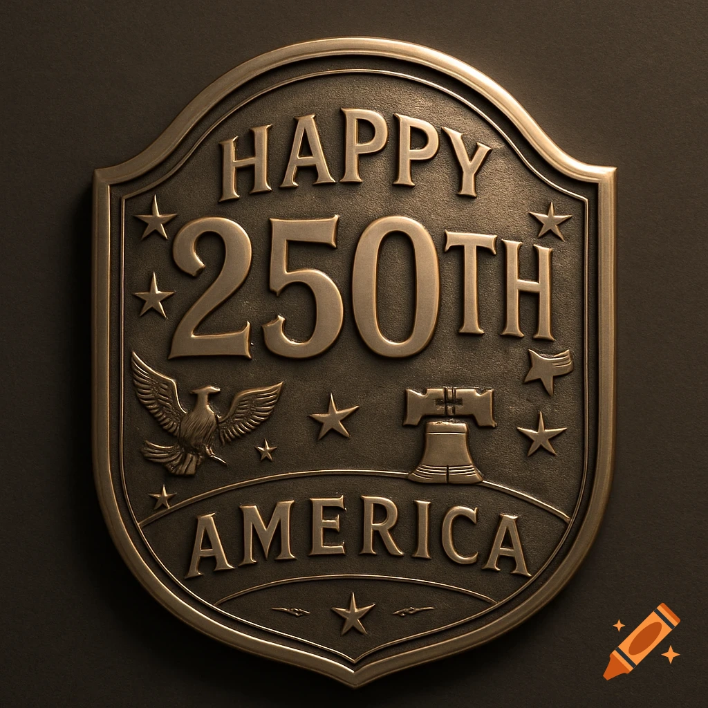 A detailed bronze plaque commemorating 250th America, featuring 'HAPPY 250TH AMERICA' text, an eagle, and the Liberty Bell.