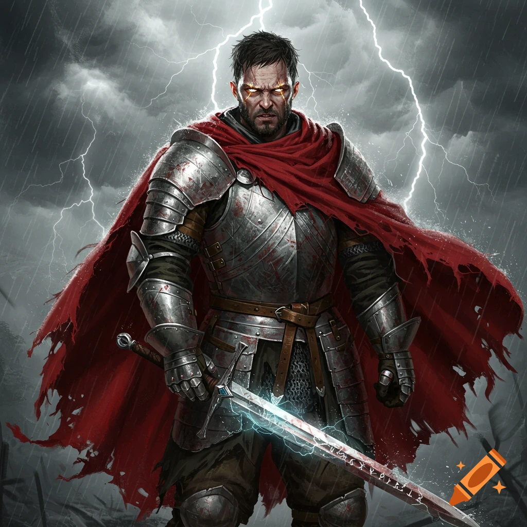 A heavily armored knight with glowing eyes and a tattered red cape stands in the rain under a stormy sky with lightning, holding a glowing sword.