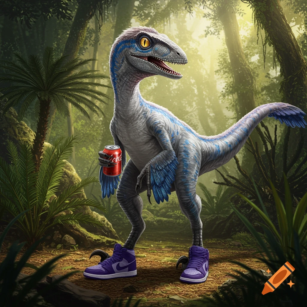 A blue and gray feathered raptor wearing purple sneakers and holding a red soda can in a lush jungle setting.